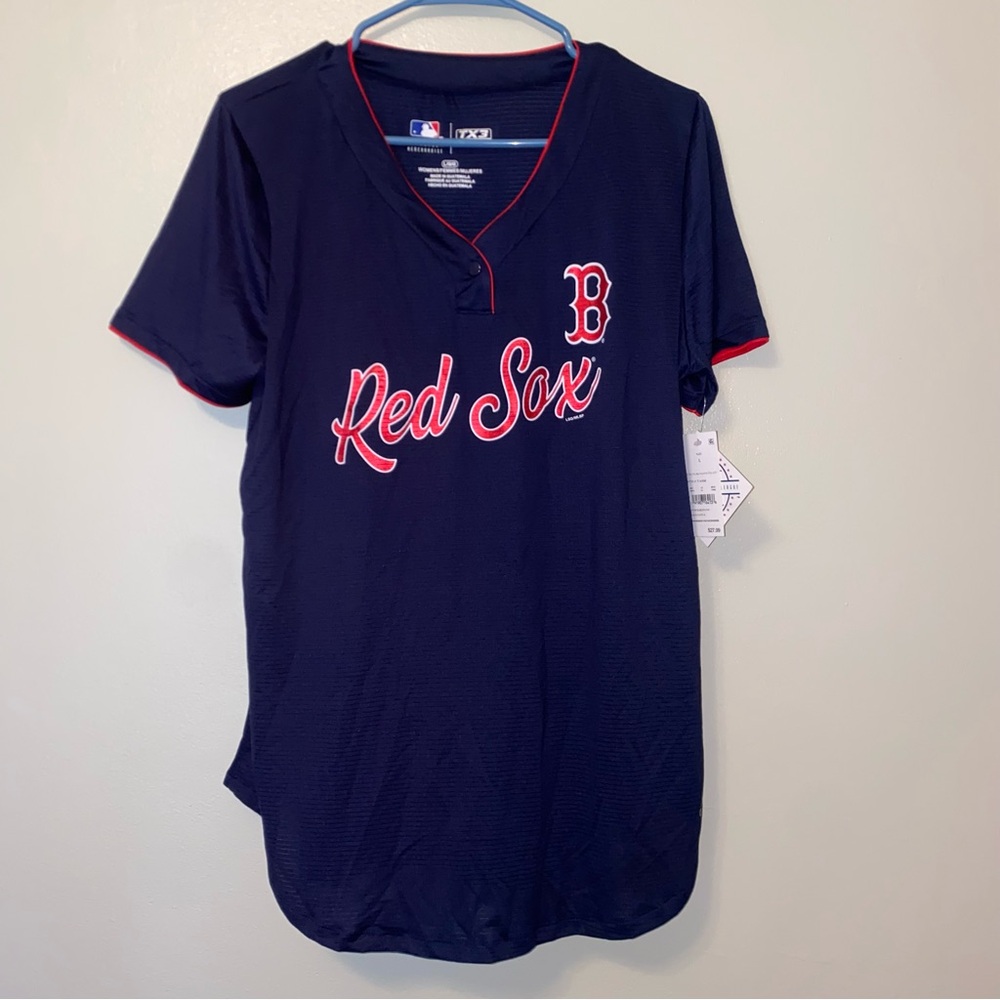 MLB TX3 Cool Boston Red Sox Jersey Shirt Women’s Large Blue Shiny Logo
